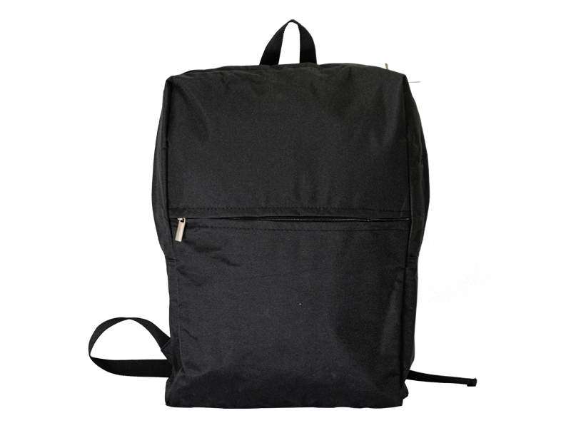 Black backpack with front zipper pocket.