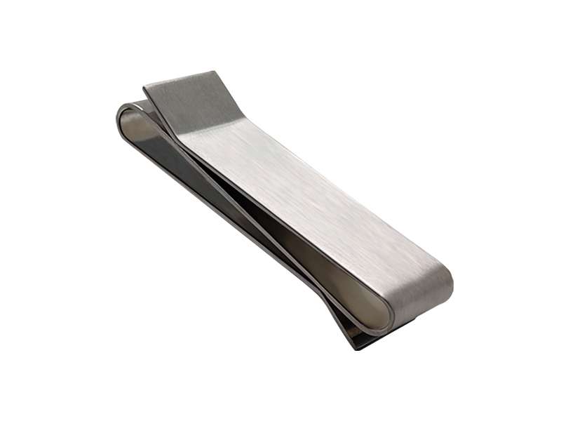 Stainless steel money clip, minimalist design.