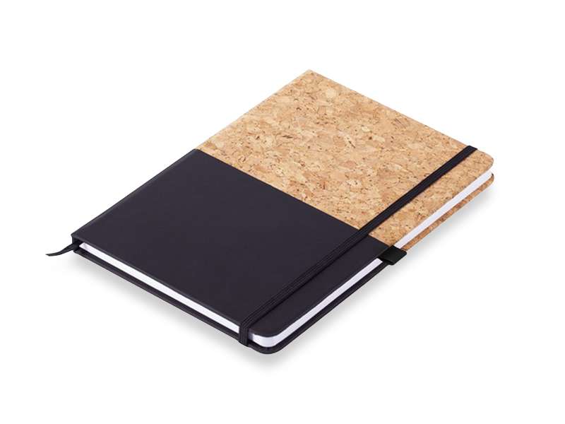 Cork and black hardcover notebook with elastic band