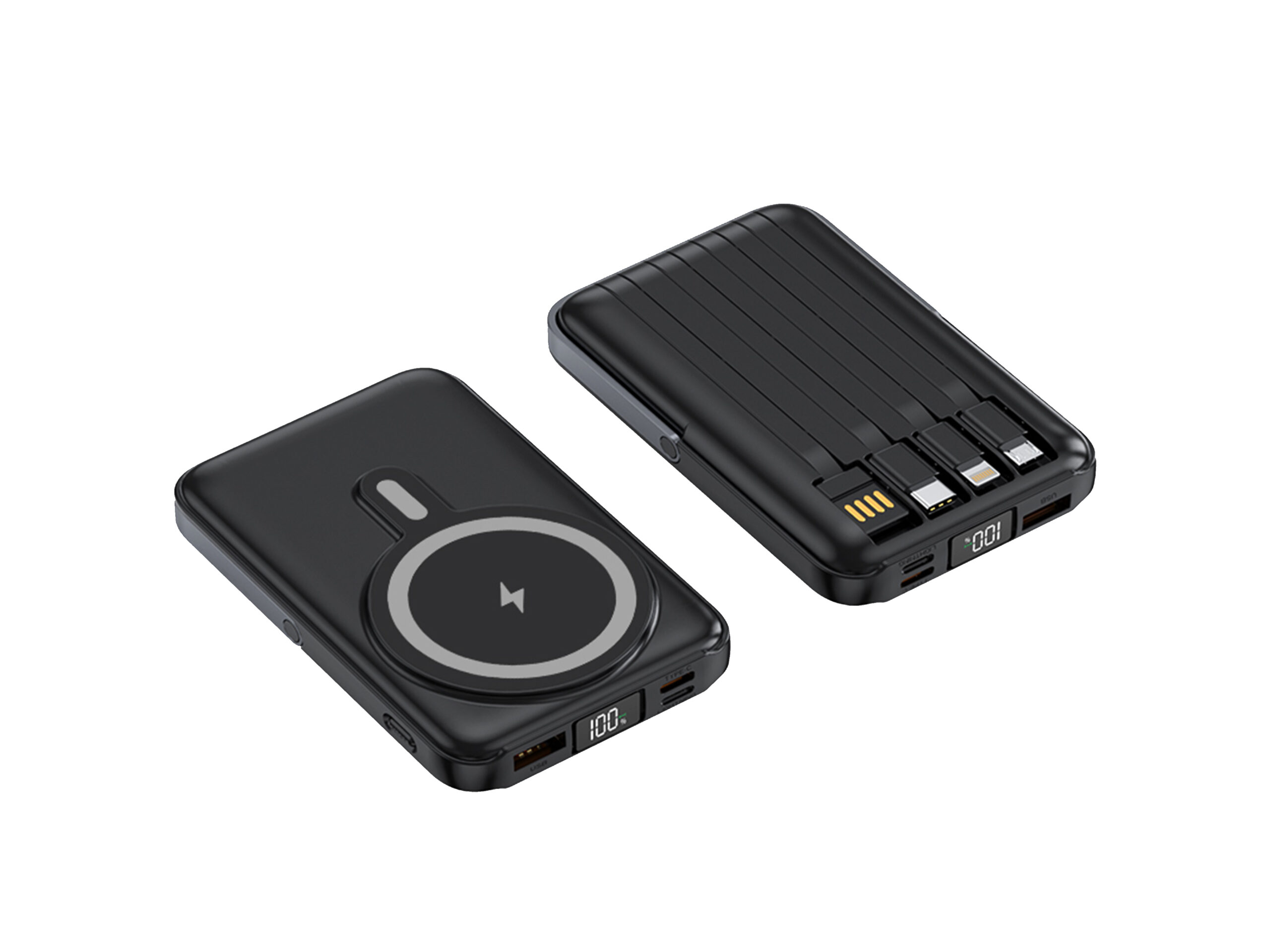 Black wireless power bank with multiple charging ports.