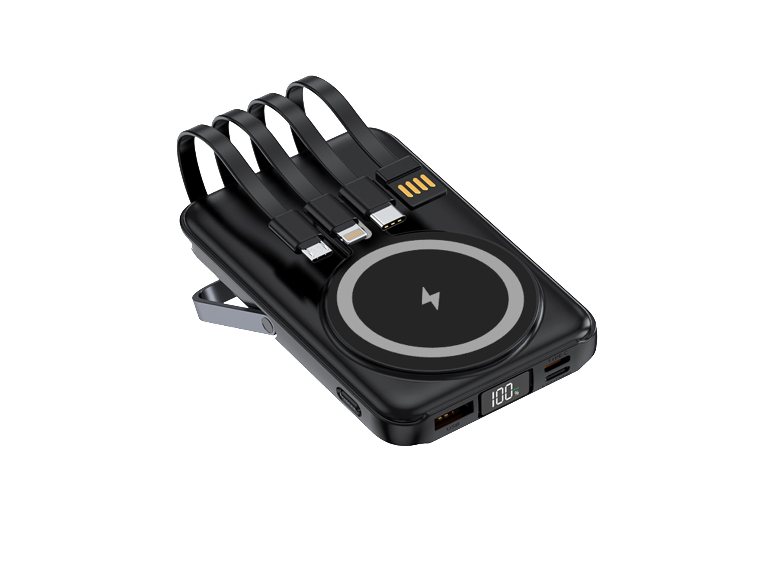 Wireless charging power bank with multiple cables