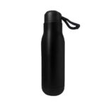 Black insulated water bottle with carrying strap.