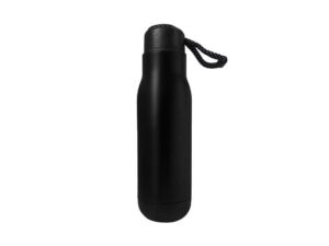 Black insulated water bottle with carrying strap.