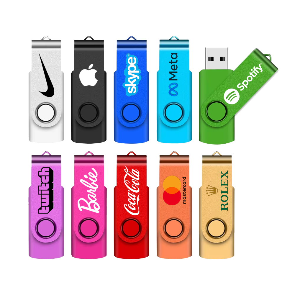 Colorful USB flash drives with various brand logos.