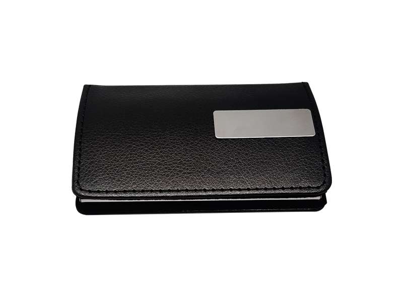 Black leather business card holder with metal plate.