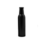 Black beer bottle with cap on white background.