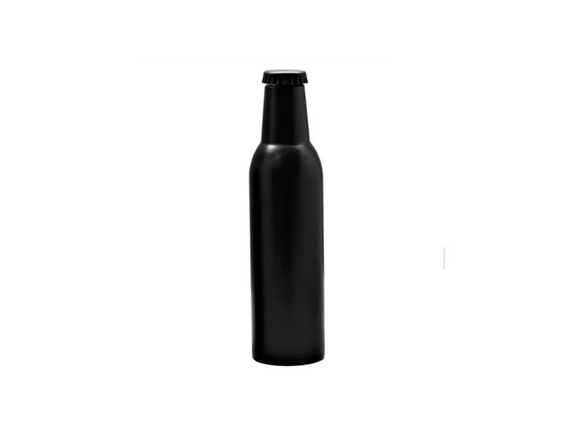 Black beer bottle with cap on white background.