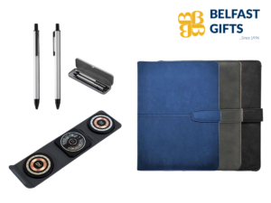 Belfast Gifts products: pens, notebooks, coasters