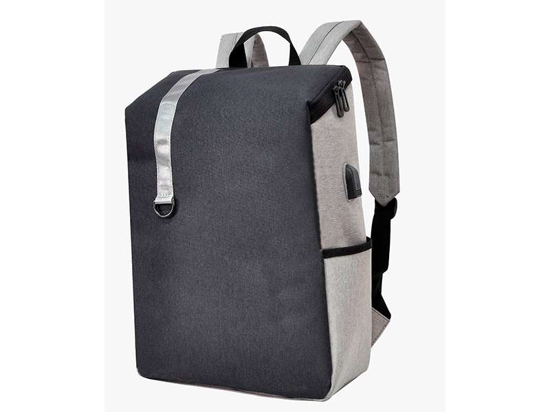 Gray and black modern backpack with side pocket.