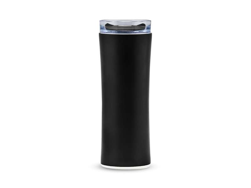 Black insulated tumbler with clear lid.