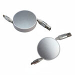 Retractable USB charging cables in white and silver.