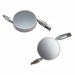 Retractable USB charging cables in white and silver.