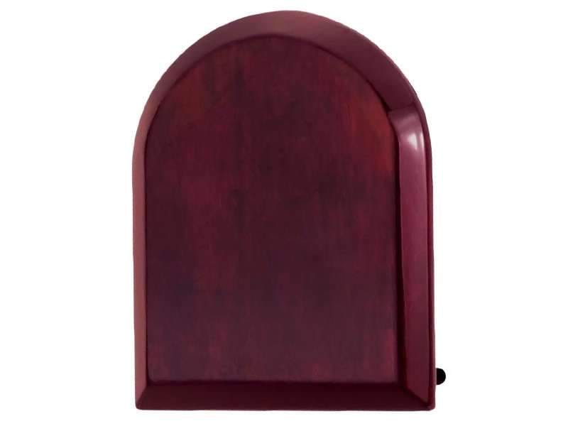 Wooden arch-shaped plaque on white background.