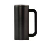 Black coffee mug with handle on the side.