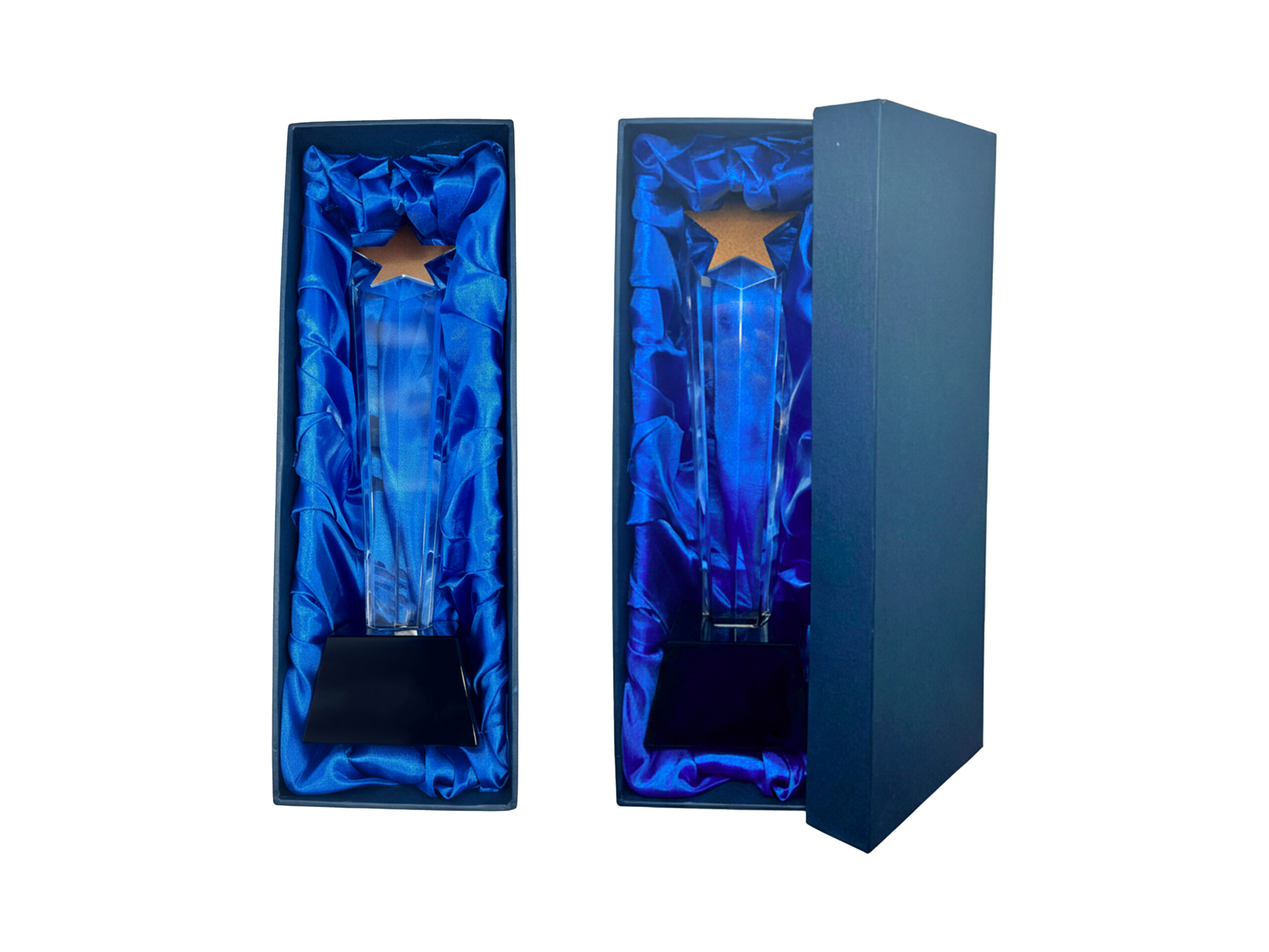 Star-shaped crystal trophy in blue satin box