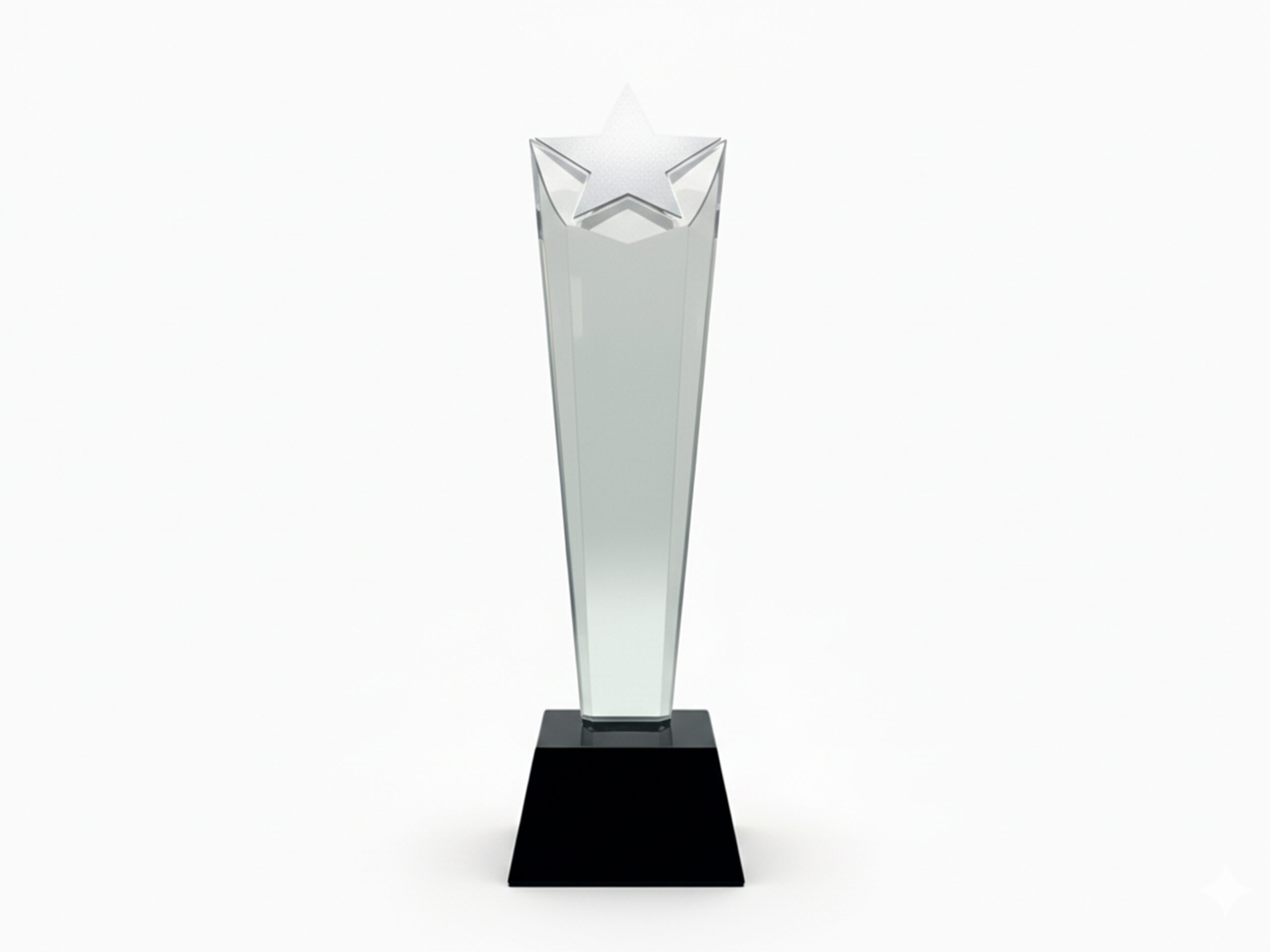 Glass star-shaped trophy on black base.