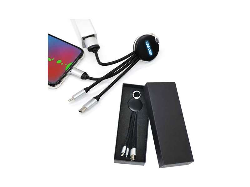 Multi-device charging cable with phone and packaging.