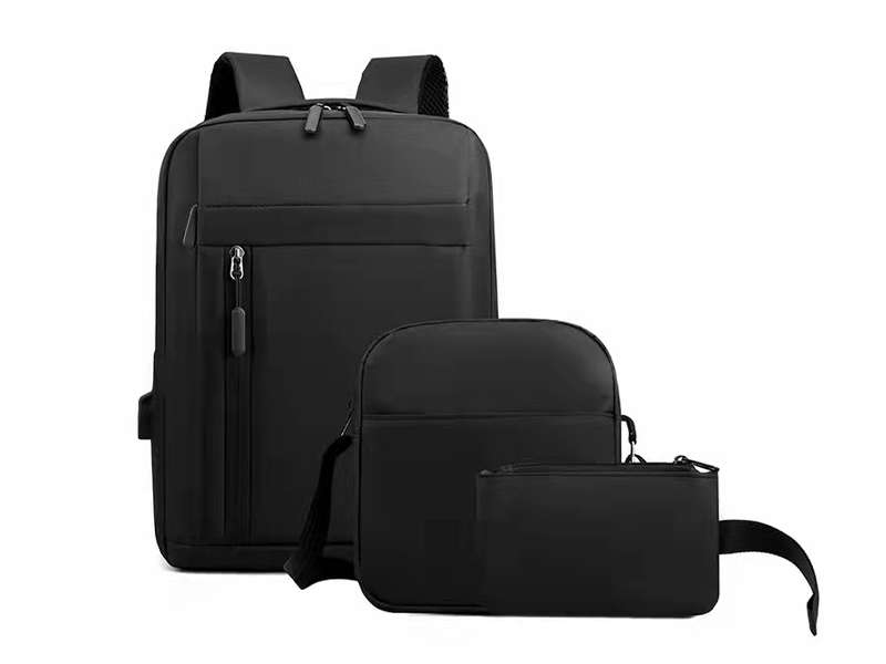 Three-piece black backpack set for travel and school.
