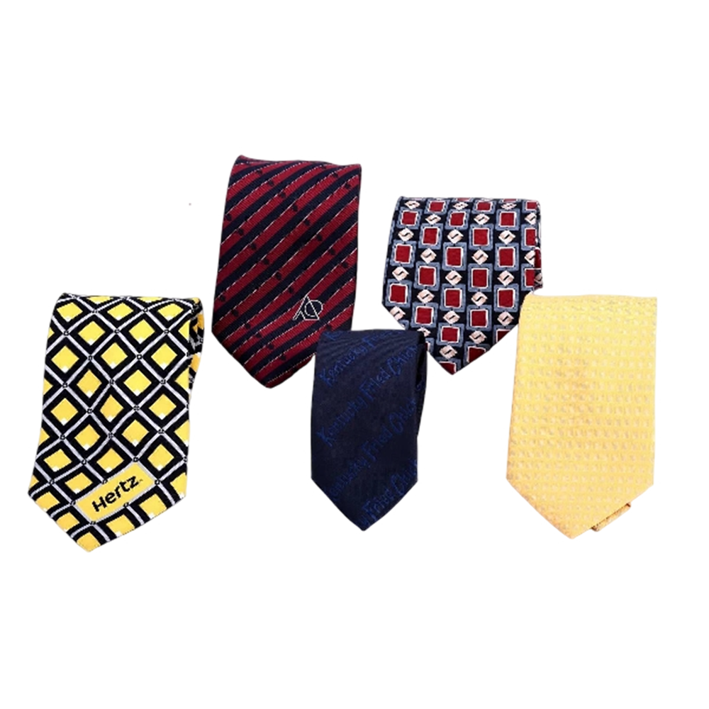 Assorted colorful patterned neckties displayed in a row.