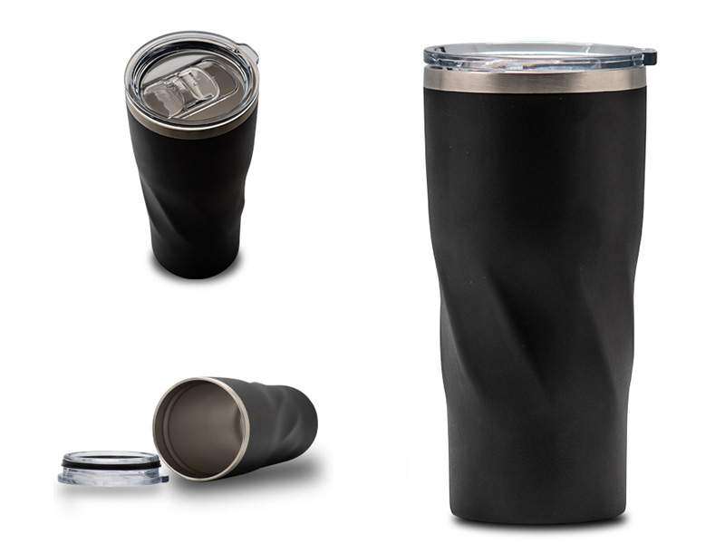 Black stainless steel travel mug with lid