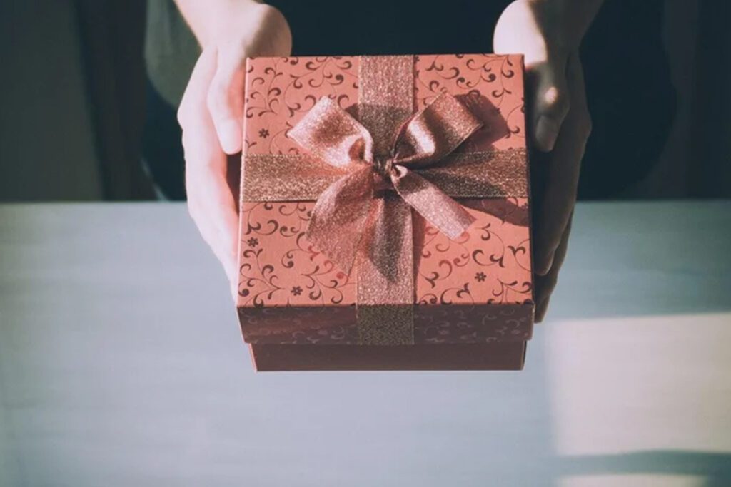 Hands holding a decorated gift box.