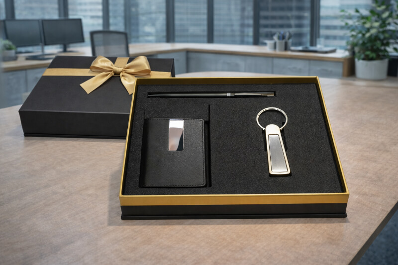 Luxury gift set with wallet, pen, keychain