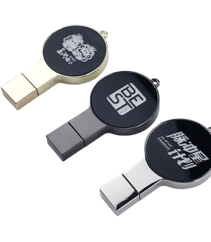 Three circular USB flash drives, different designs.