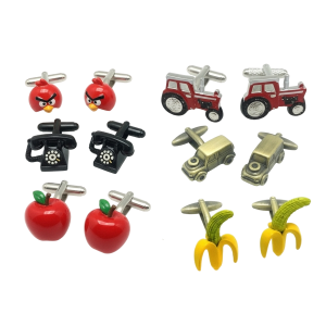 Assorted novelty cufflinks: birds, tractors, phones, apples, bananas.