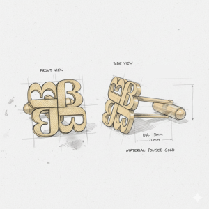 Gold cufflinks design, front and side view sketches.