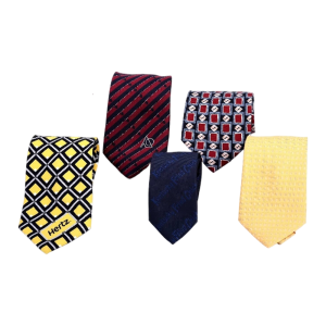Five colorful neckties with various patterns