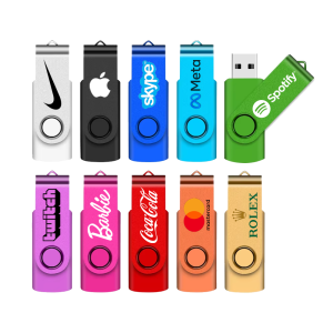 Colorful USB flash drives with various brand logos.